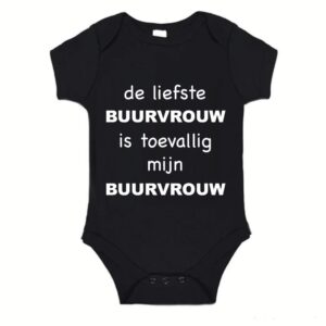 Rompertje (zwart) met witte Tekst - De liefste buurvrouw