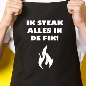Zwart keukenschort / BBQ-schort met tekst | Ik steak alles in de fik