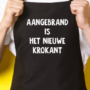 Zwart keukenschort / BBQ-schort met tekst | Aangebrand is het nieuwe krokant